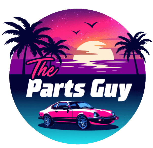 The Parts Guy round emblem: a Cayman Islands sunset with palm trees and a pink car